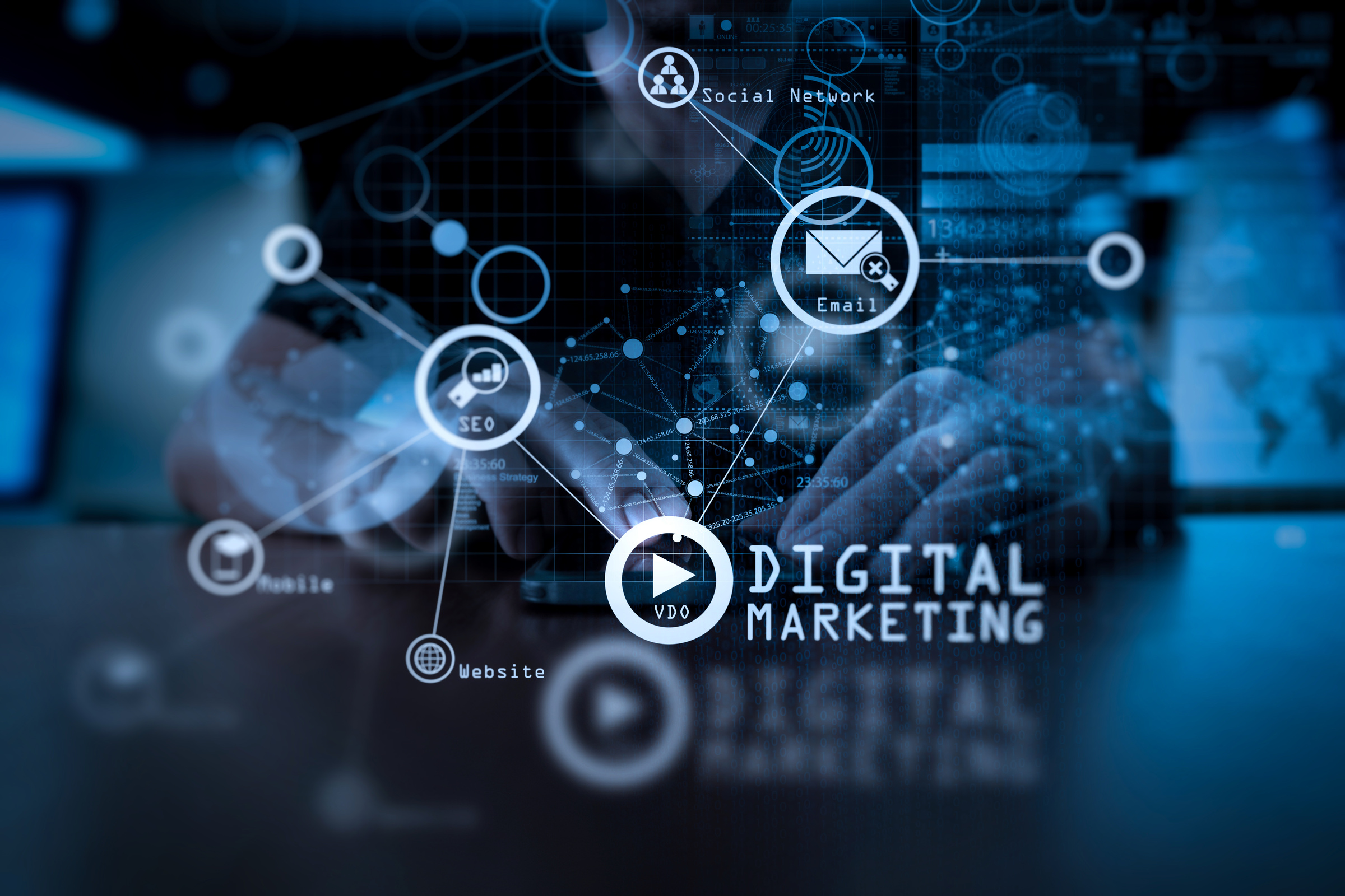 Businessman hand using mobile phone with digital layer effect as business strategy concept